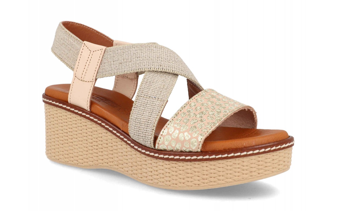 SANDALIA PARA SEÑORA EN PIEL DE COLOR BEIGE CON ELASTICOS Y PLANTA DE GEL-FABRICADO EN ESPAÑA