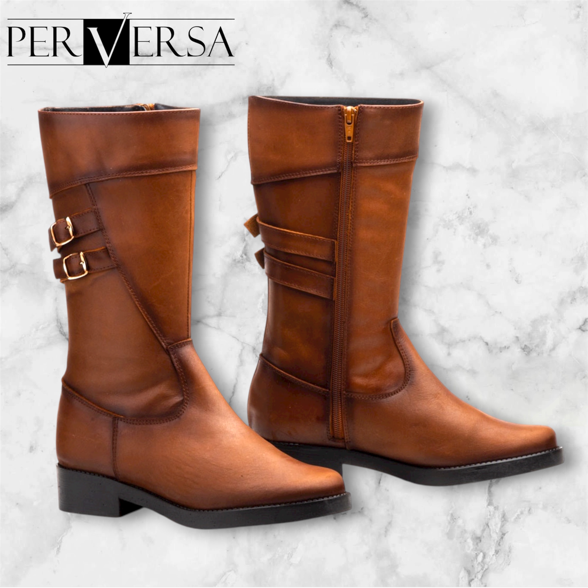 1010 Bota en piel de color cuero, fabricada en España tallas 36 al 41.