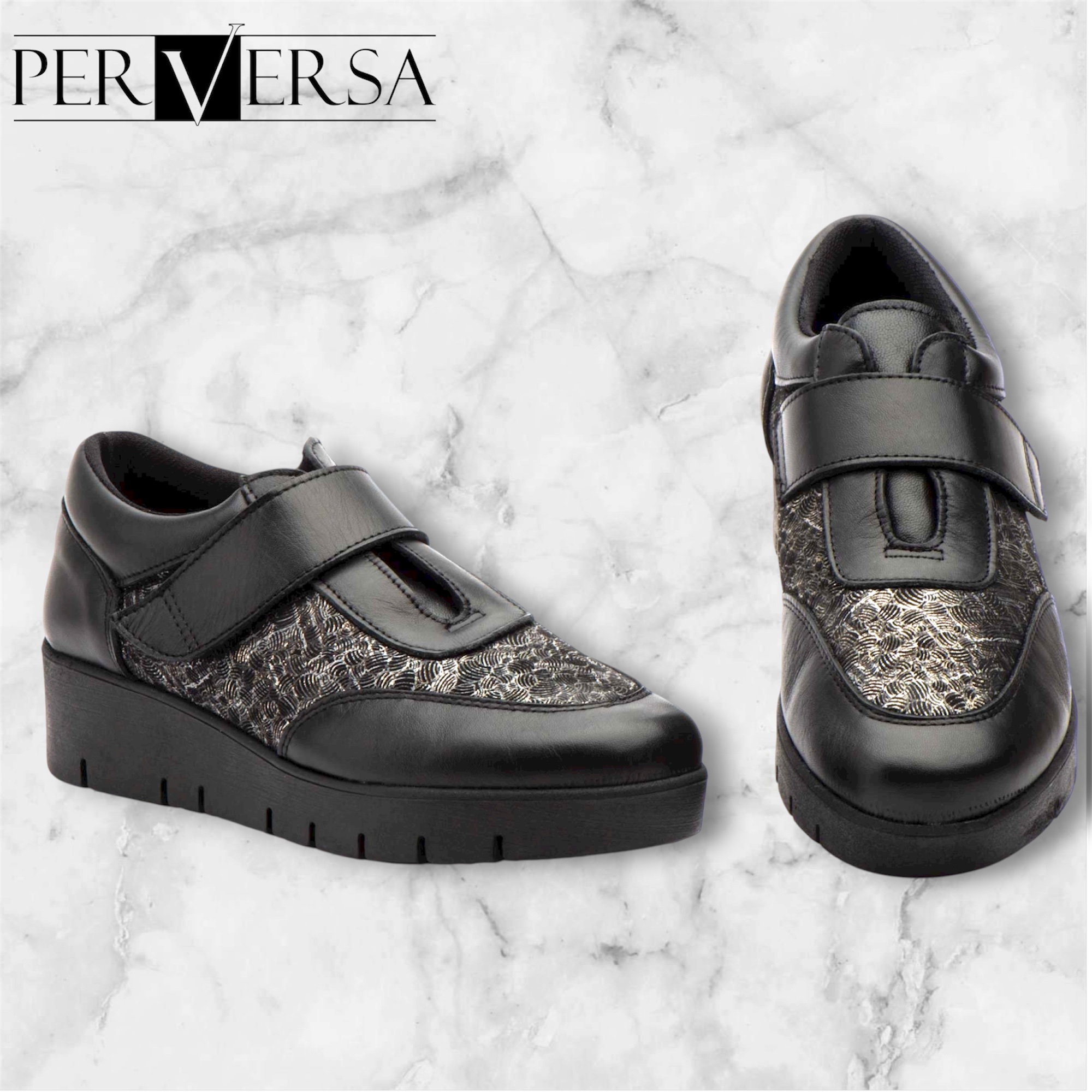 3146 Calzado sport para señora en piel de color negro con cuña corrida y velcro, fabricado en España tallas 36 al 41.