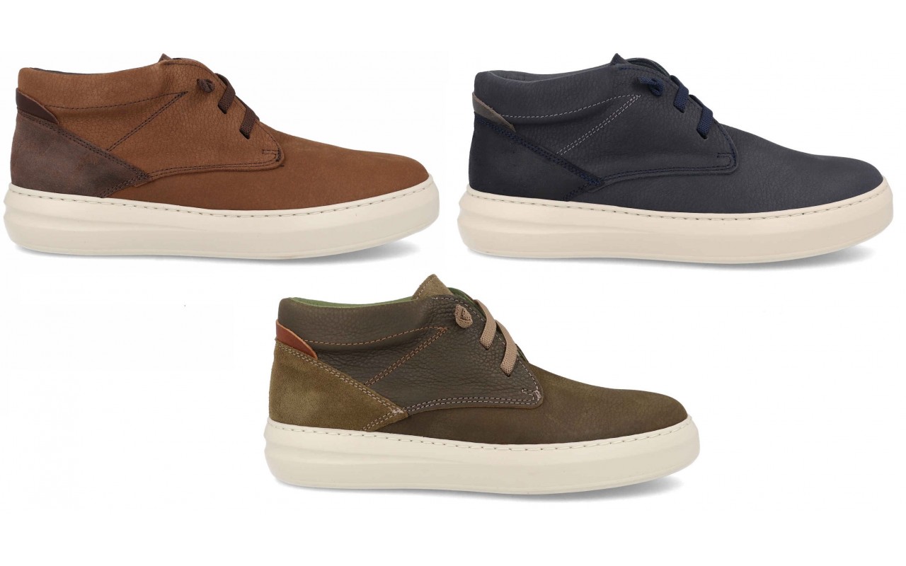 4151 Bota para caballero tipo Casual de piel en color 3 colores (Marrón,Kaki y Marino) cordones elásticos, fabricado en España tallas 40 al 45.
