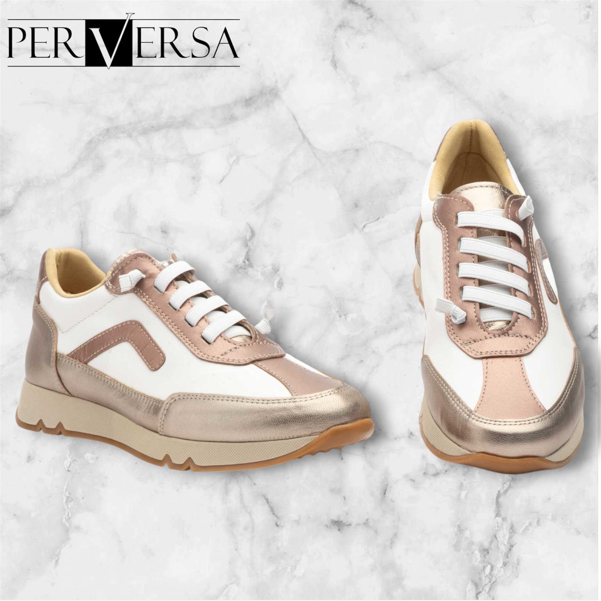 4455 Calzado deportivo casual para señora en piel de color blanco bronce, fabricado en España tallas 36 al 41.