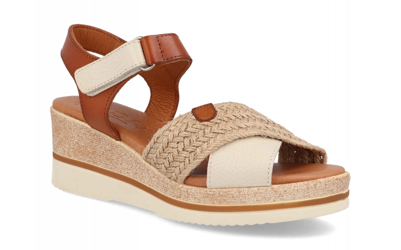 Sandalia de piel cómoda para mujer modelo 663 tiras cruzadas natur cuero y blanco con cuña y planta de gel – Fabricada en España 1 sandalia de piel cómoda mujer modelo 663